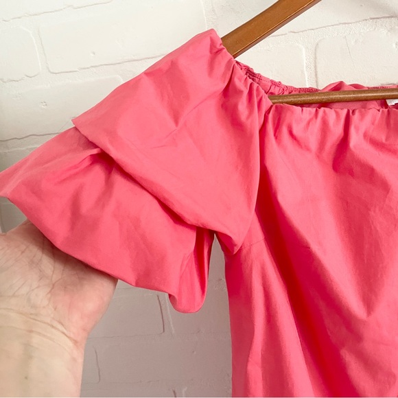 Club Monaco Statement Off-Shoulder Crisp Poplin Cotton Ruffle Micro Dress Coral - Picture 3 of 9